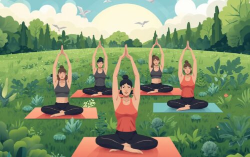 Menschen-machen-Yoga-auf-einem-gruenen-Acker-auf-dem-Gemuese-waechst.