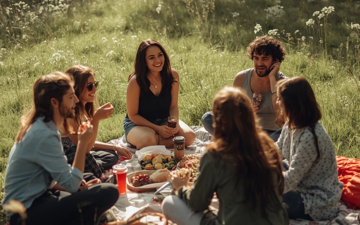 Menschen-sitzen-in-Gruppen-auf-Picknickdecken-auf-einer-Wiese-und-essen